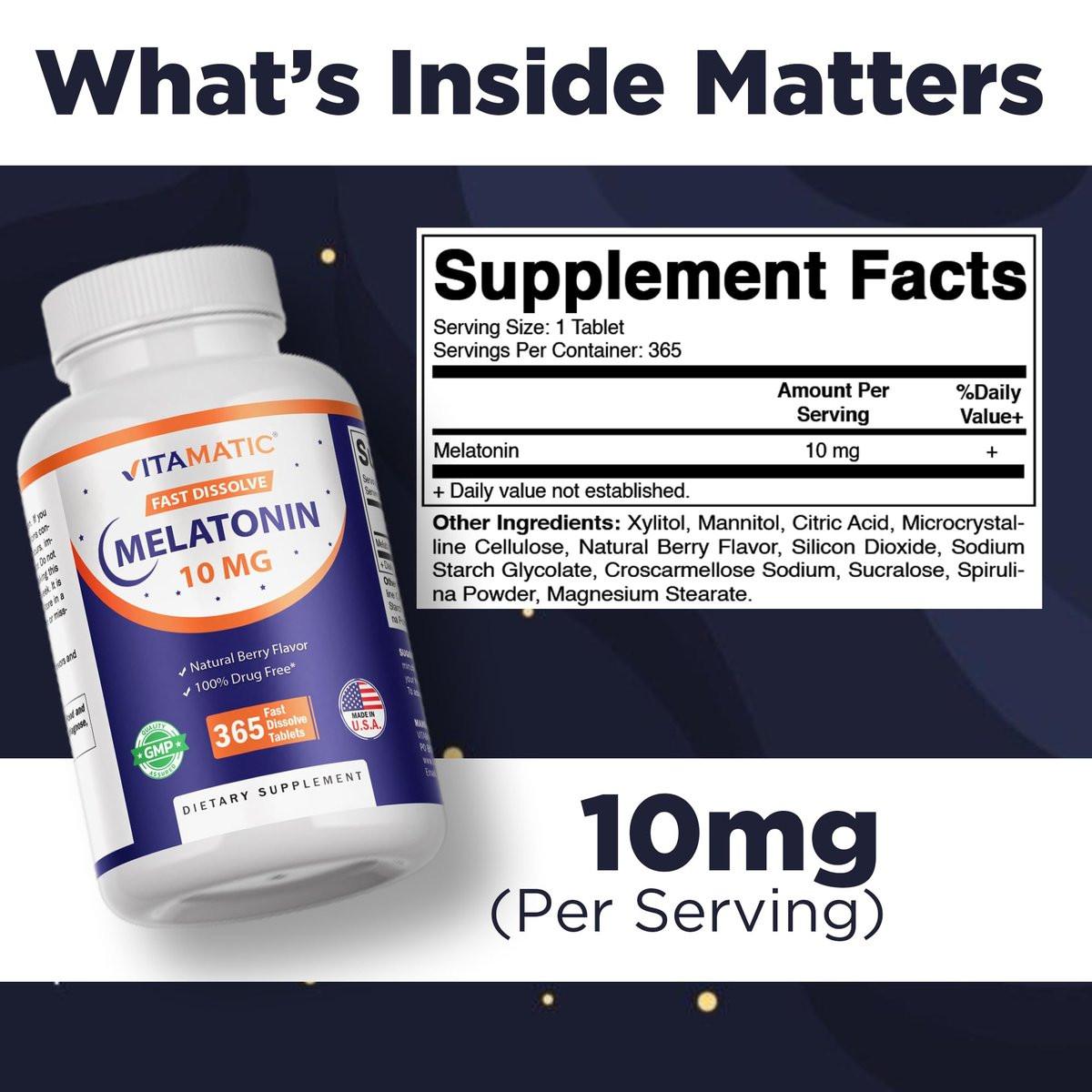Vitamatic Melatonin 10 mg Fast Dissolve Tabletten – Schnell lösliche Schlafunterstützung für Erwachsene – Vegetarisch, Nicht-GVO & Glutenfrei – Natürlicher Beerengeschmack – 365 Tabletten