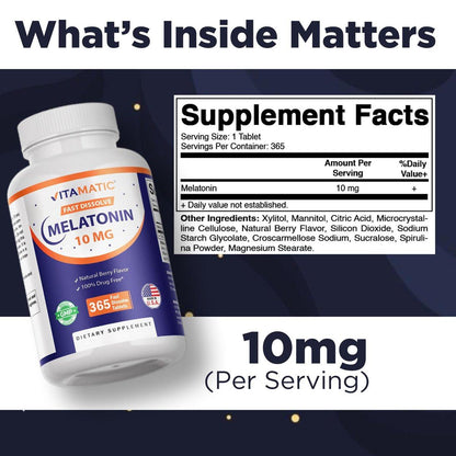 Vitamatic Melatonin 10 mg Fast Dissolve Tabletten – Schnell lösliche Schlafunterstützung für Erwachsene – Vegetarisch, Nicht-GVO & Glutenfrei – Natürlicher Beerengeschmack – 365 Tabletten