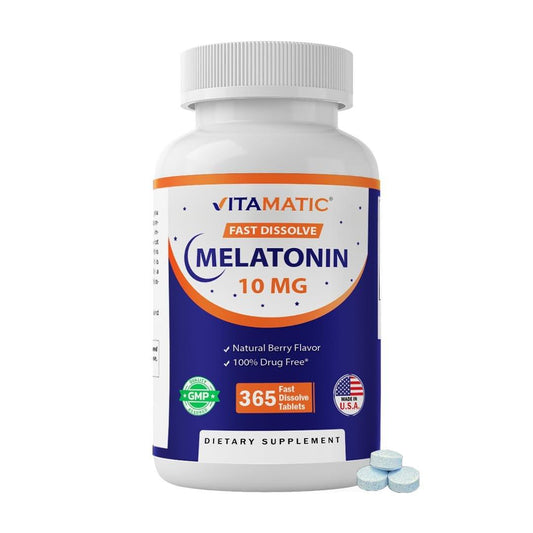 Vitamatic Melatonin 10 mg Fast Dissolve Tabletten – Schnell lösliche Schlafunterstützung für Erwachsene – Vegetarisch, Nicht-GVO & Glutenfrei – Natürlicher Beerengeschmack – 365 Tabletten