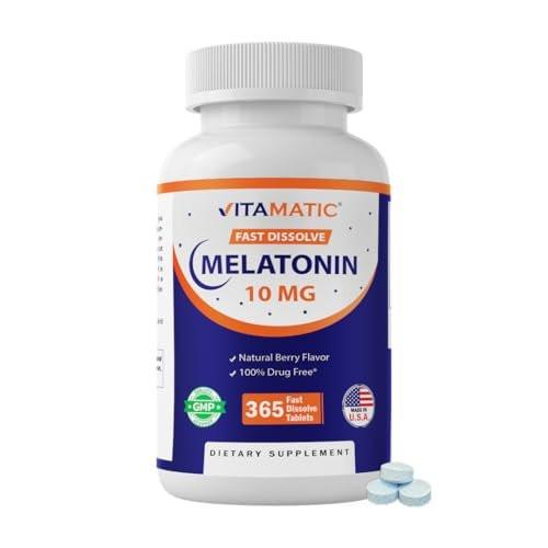 Vitamatic Melatonin 10 mg Fast Dissolve Tabletten – Schnell lösliche Schlafunterstützung für Erwachsene – Vegetarisch, Nicht-GVO & Glutenfrei – Natürlicher Beerengeschmack – 365 Tabletten