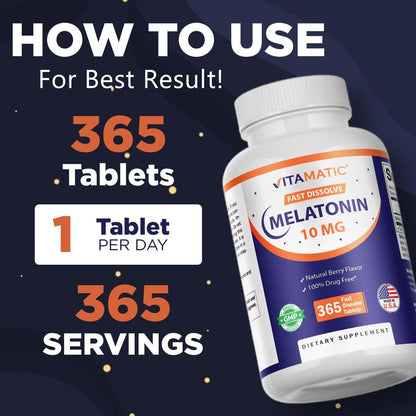 Vitamatic Melatonin 10 mg Fast Dissolve Tabletten – Schnell lösliche Schlafunterstützung für Erwachsene – Vegetarisch, Nicht-GVO & Glutenfrei – Natürlicher Beerengeschmack – 365 Tabletten
