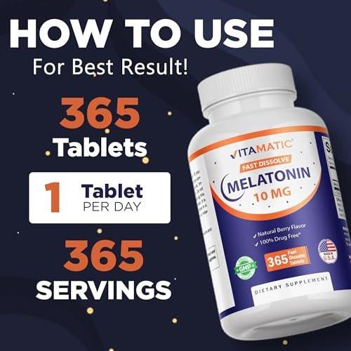 Vitamatic Melatonin 10 mg Fast Dissolve Tabletten – Schnell lösliche Schlafunterstützung für Erwachsene – Vegetarisch, Nicht-GVO & Glutenfrei – Natürlicher Beerengeschmack – 365 Tabletten
