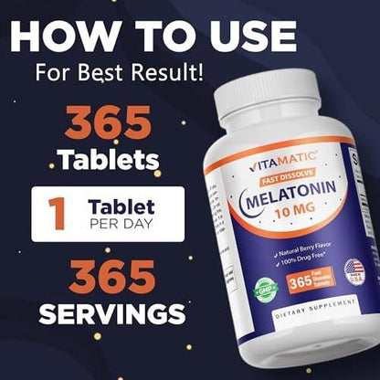 Vitamatic Melatonin 10 mg Fast Dissolve Tabletten – Schnell lösliche Schlafunterstützung für Erwachsene – Vegetarisch, Nicht-GVO & Glutenfrei – Natürlicher Beerengeschmack – 365 Tabletten