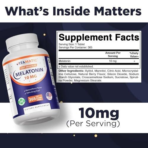 Vitamatic Melatonin 10 mg Fast Dissolve Tabletten – Schnell lösliche Schlafunterstützung für Erwachsene – Vegetarisch, Nicht-GVO & Glutenfrei – Natürlicher Beerengeschmack – 365 Tabletten