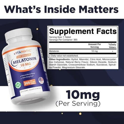 Vitamatic Melatonin 10 mg Fast Dissolve Tabletten – Schnell lösliche Schlafunterstützung für Erwachsene – Vegetarisch, Nicht-GVO & Glutenfrei – Natürlicher Beerengeschmack – 365 Tabletten