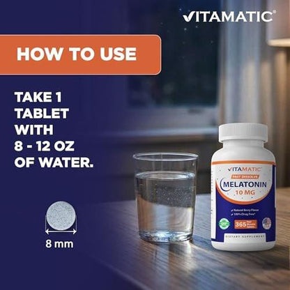 Vitamatic Melatonin 10 mg Fast Dissolve Tabletten – Schnell lösliche Schlafunterstützung für Erwachsene – Vegetarisch, Nicht-GVO & Glutenfrei – Natürlicher Beerengeschmack – 365 Tabletten