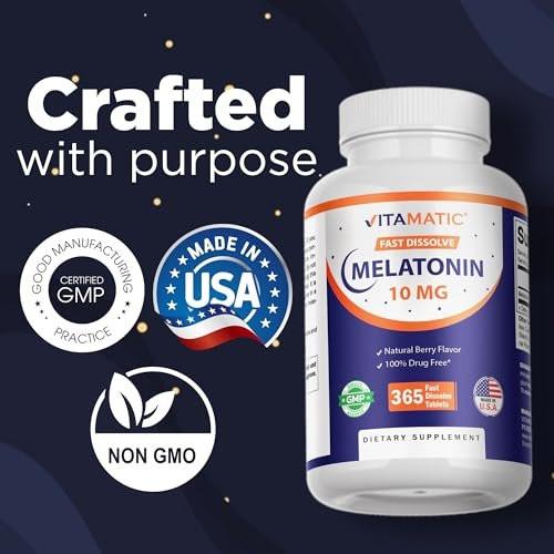 Vitamatic Melatonin 10 mg Fast Dissolve Tabletten – Schnell lösliche Schlafunterstützung für Erwachsene – Vegetarisch, Nicht-GVO & Glutenfrei – Natürlicher Beerengeschmack – 365 Tabletten