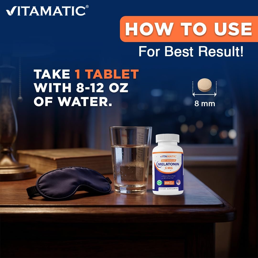Vitamatic Melatonin 3mg Tabletten – Vegetarisch, Nicht-GVO, Glutenfrei – 1-Jahres-Vorrat – Natürlicher Beerengeschmack – 365 Tabletten