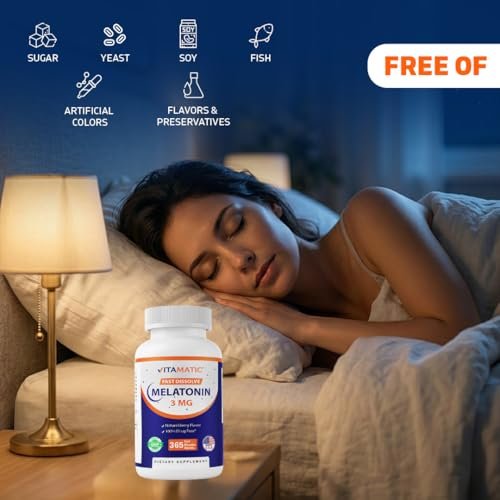 Vitamatic Melatonin 3mg Tabletten – Vegetarisch, Nicht-GVO, Glutenfrei – 1-Jahres-Vorrat – Natürlicher Beerengeschmack – 365 Tabletten