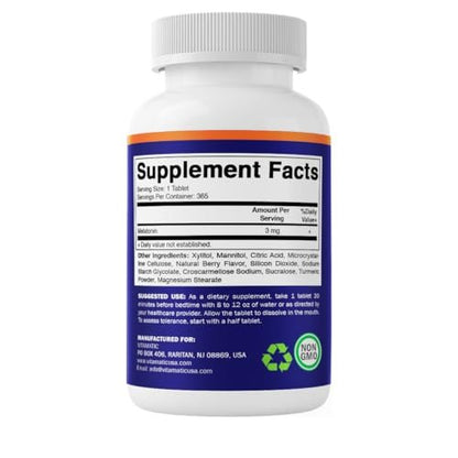 Vitamatic Melatonin 3mg Tabletten – Vegetarisch, Nicht-GVO, Glutenfrei – 1-Jahres-Vorrat – Natürlicher Beerengeschmack – 365 Tabletten