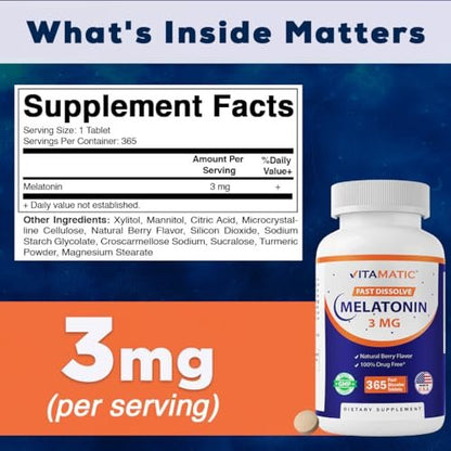 Vitamatic Melatonin 3mg Tabletten – Vegetarisch, Nicht-GVO, Glutenfrei – 1-Jahres-Vorrat – Natürlicher Beerengeschmack – 365 Tabletten