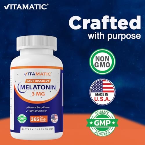 Vitamatic Melatonin 3mg Tabletten – Vegetarisch, Nicht-GVO, Glutenfrei – 1-Jahres-Vorrat – Natürlicher Beerengeschmack – 365 Tabletten