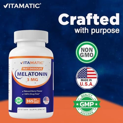 Vitamatic Melatonin 3mg Tabletten – Vegetarisch, Nicht-GVO, Glutenfrei – 1-Jahres-Vorrat – Natürlicher Beerengeschmack – 365 Tabletten