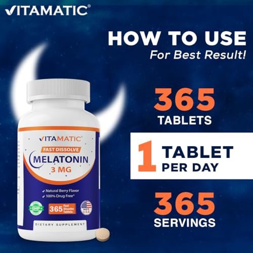Vitamatic Melatonin 3mg Tabletten – Vegetarisch, Nicht-GVO, Glutenfrei – 1-Jahres-Vorrat – Natürlicher Beerengeschmack – 365 Tabletten