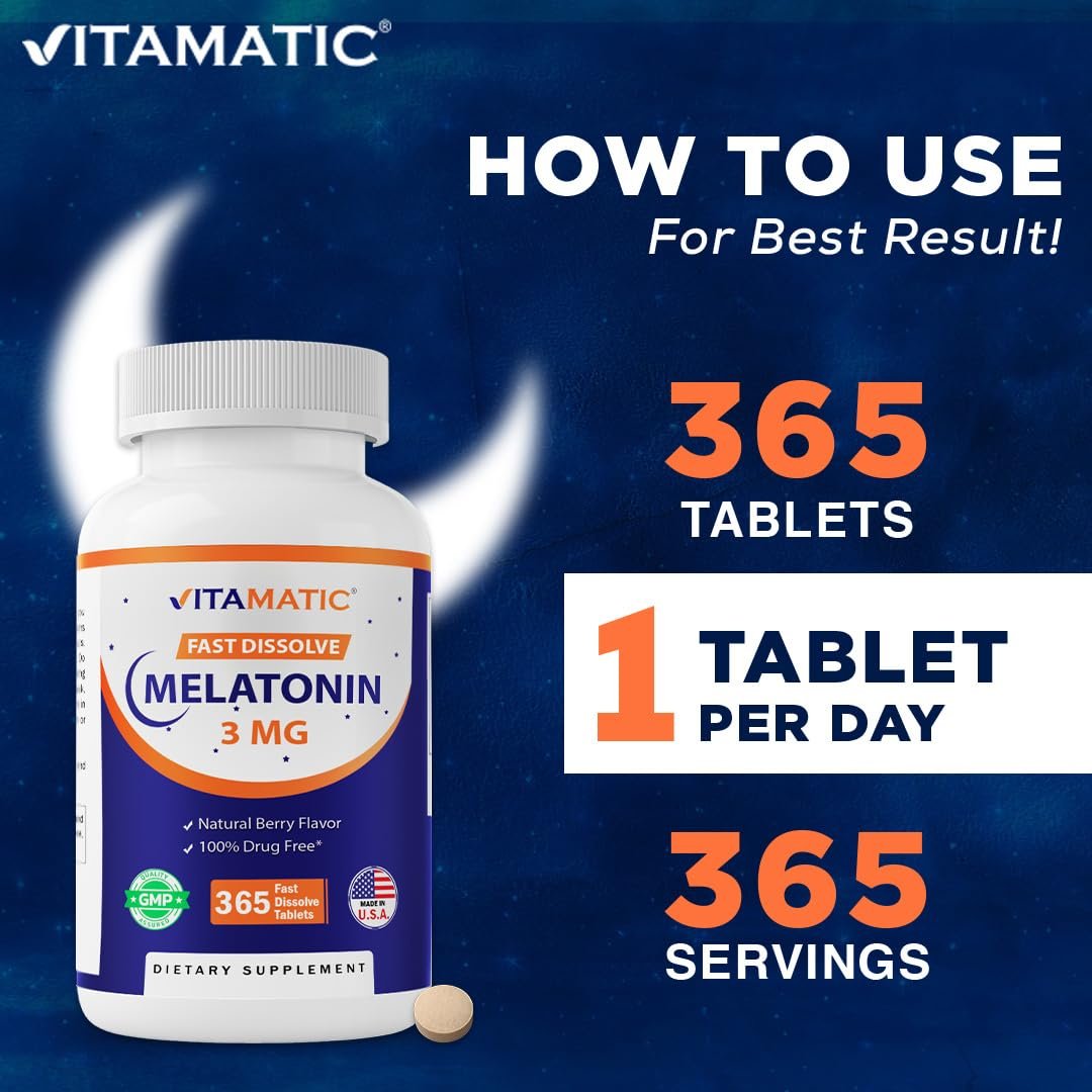 Vitamatic Melatonin 3mg Tabletten – Vegetarisch, Nicht-GVO, Glutenfrei – 1-Jahres-Vorrat – Natürlicher Beerengeschmack – 365 Tabletten