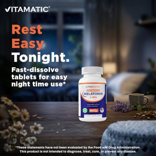 Vitamatic Melatonin 3mg Tabletten – Vegetarisch, Nicht-GVO, Glutenfrei – 1-Jahres-Vorrat – Natürlicher Beerengeschmack – 365 Tabletten