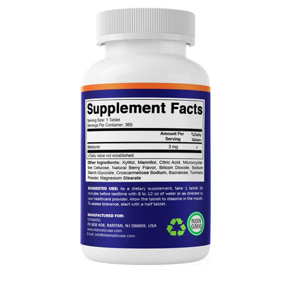 Vitamatic Melatonin 3mg Tabletten – Vegetarisch, Nicht-GVO, Glutenfrei – 1-Jahres-Vorrat – Natürlicher Beerengeschmack – 365 Tabletten