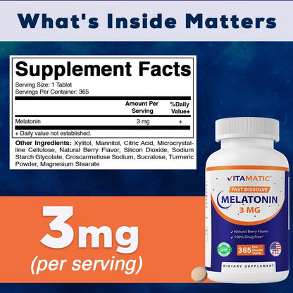 Vitamatic Melatonin 3mg Tabletten – Vegetarisch, Nicht-GVO, Glutenfrei – 1-Jahres-Vorrat – Natürlicher Beerengeschmack – 365 Tabletten