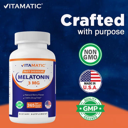 Vitamatic Melatonin 3mg Tabletten – Vegetarisch, Nicht-GVO, Glutenfrei – 1-Jahres-Vorrat – Natürlicher Beerengeschmack – 365 Tabletten