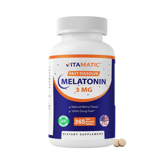 Vitamatic Melatonin 3mg Tabletten – Vegetarisch, Nicht-GVO, Glutenfrei – 1-Jahres-Vorrat – Natürlicher Beerengeschmack – 365 Tabletten