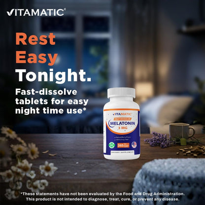 Vitamatic Melatonin 3mg Tabletten – Vegetarisch, Nicht-GVO, Glutenfrei – 1-Jahres-Vorrat – Natürlicher Beerengeschmack – 365 Tabletten