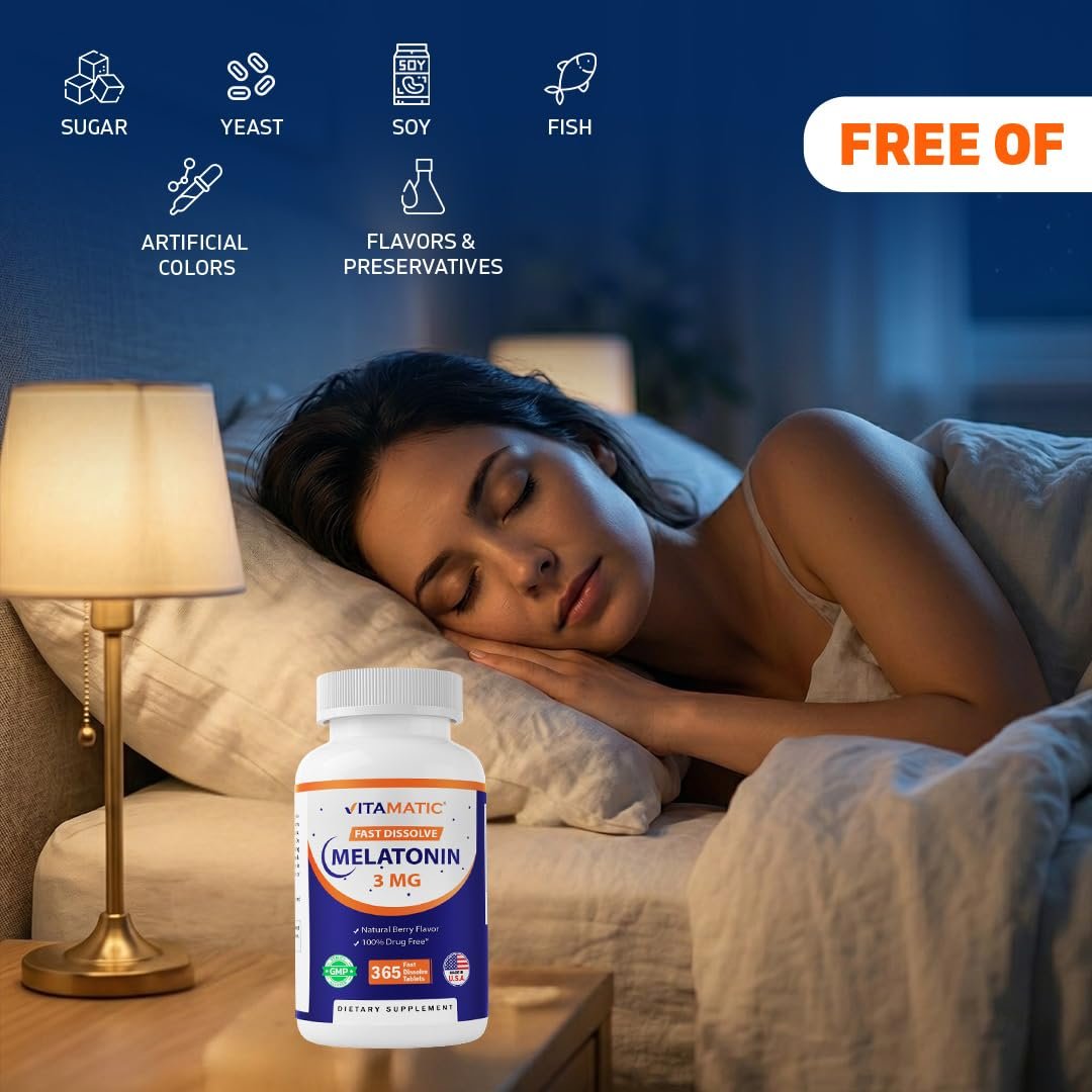 Vitamatic Melatonin 3mg Tabletten – Vegetarisch, Nicht-GVO, Glutenfrei – 1-Jahres-Vorrat – Natürlicher Beerengeschmack – 365 Tabletten
