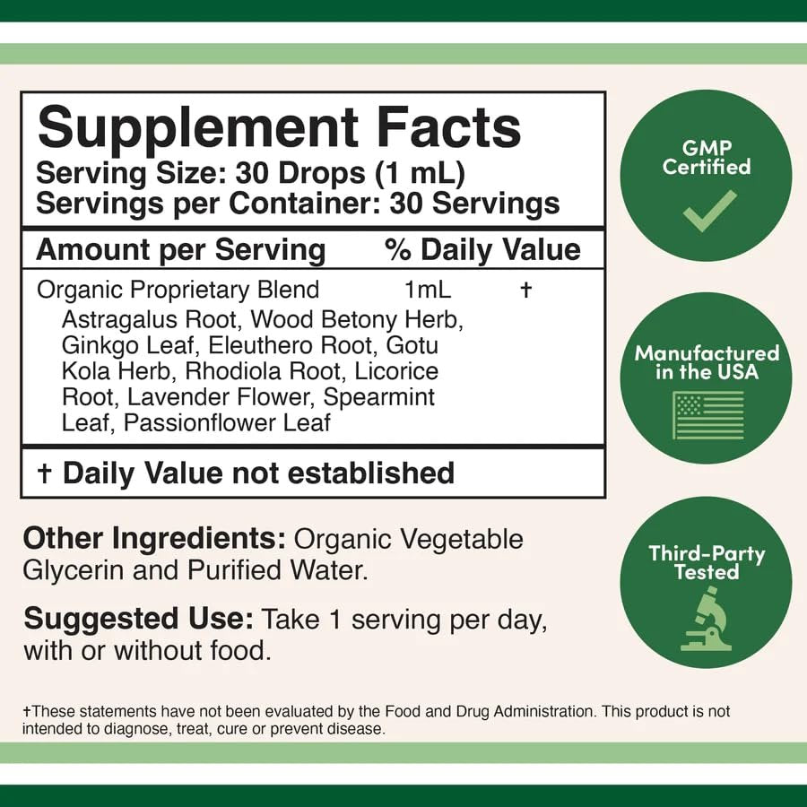 Adrenal Support Ergänzung (Flüssige Tropfen) - 10 Bio Adaptogene gegen Nebennieren-Erschöpfung (Monatsvorrat) Cortisol-Manager zur Stresslinderung