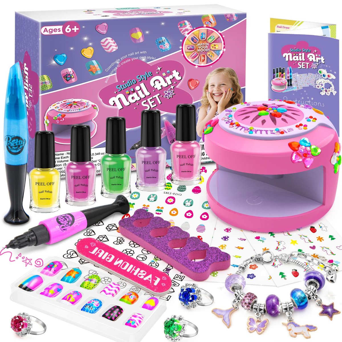 BATTOP Kinder Nagellack Set für Mädchen - Nagelkunst Set mit Trockner, Fake Nägeln, Stickern, wasserbasiertem Nagellack & Nagelkunst Stift - Ideales Geschenk für Mädchen von 6 bis 12 Jahren