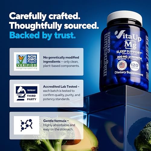 VitaUp Magnesiumglycinat 200mg – Hergestellt in den USA, hoch bioverfügbar, Nicht-GVO-Magnesium für Entspannung, Tiefschlaf, Knochen & Herz – 200mg pro Portion, 120 vegane Kapseln