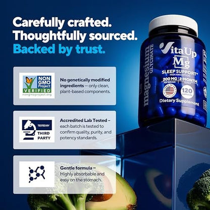VitaUp Magnesiumglycinat 200mg – Hergestellt in den USA, hoch bioverfügbar, Nicht-GVO-Magnesium für Entspannung, Tiefschlaf, Knochen & Herz – 200mg pro Portion, 120 vegane Kapseln