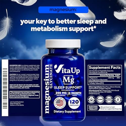 VitaUp Magnesiumglycinat 200mg – Hergestellt in den USA, hoch bioverfügbar, Nicht-GVO-Magnesium für Entspannung, Tiefschlaf, Knochen & Herz – 200mg pro Portion, 120 vegane Kapseln