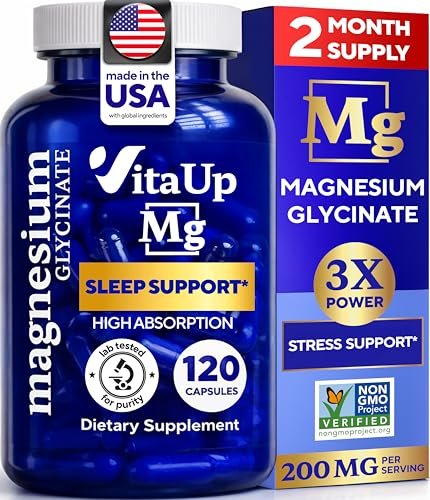 VitaUp Magnesiumglycinat 200mg – Hergestellt in den USA, hoch bioverfügbar, Nicht-GVO-Magnesium für Entspannung, Tiefschlaf, Knochen & Herz – 200mg pro Portion, 120 vegane Kapseln