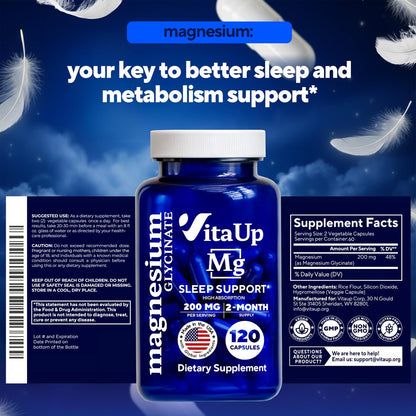 VitaUp Magnesiumglycinat 200mg – Hergestellt in den USA, hoch bioverfügbar, Nicht-GVO-Magnesium für Entspannung, Tiefschlaf, Knochen & Herz – 200mg pro Portion, 120 vegane Kapseln