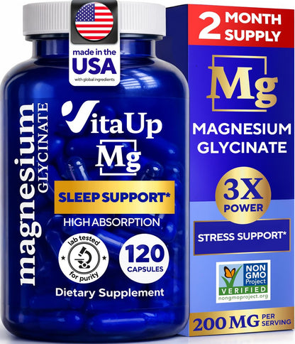 VitaUp Magnesiumglycinat 200mg – Hergestellt in den USA, hoch bioverfügbar, Nicht-GVO-Magnesium für Entspannung, Tiefschlaf, Knochen & Herz – 200mg pro Portion, 120 vegane Kapseln
