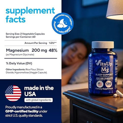 VitaUp Magnesiumglycinat 200mg – Hergestellt in den USA, hoch bioverfügbar, Nicht-GVO-Magnesium für Entspannung, Tiefschlaf, Knochen & Herz – 200mg pro Portion, 120 vegane Kapseln