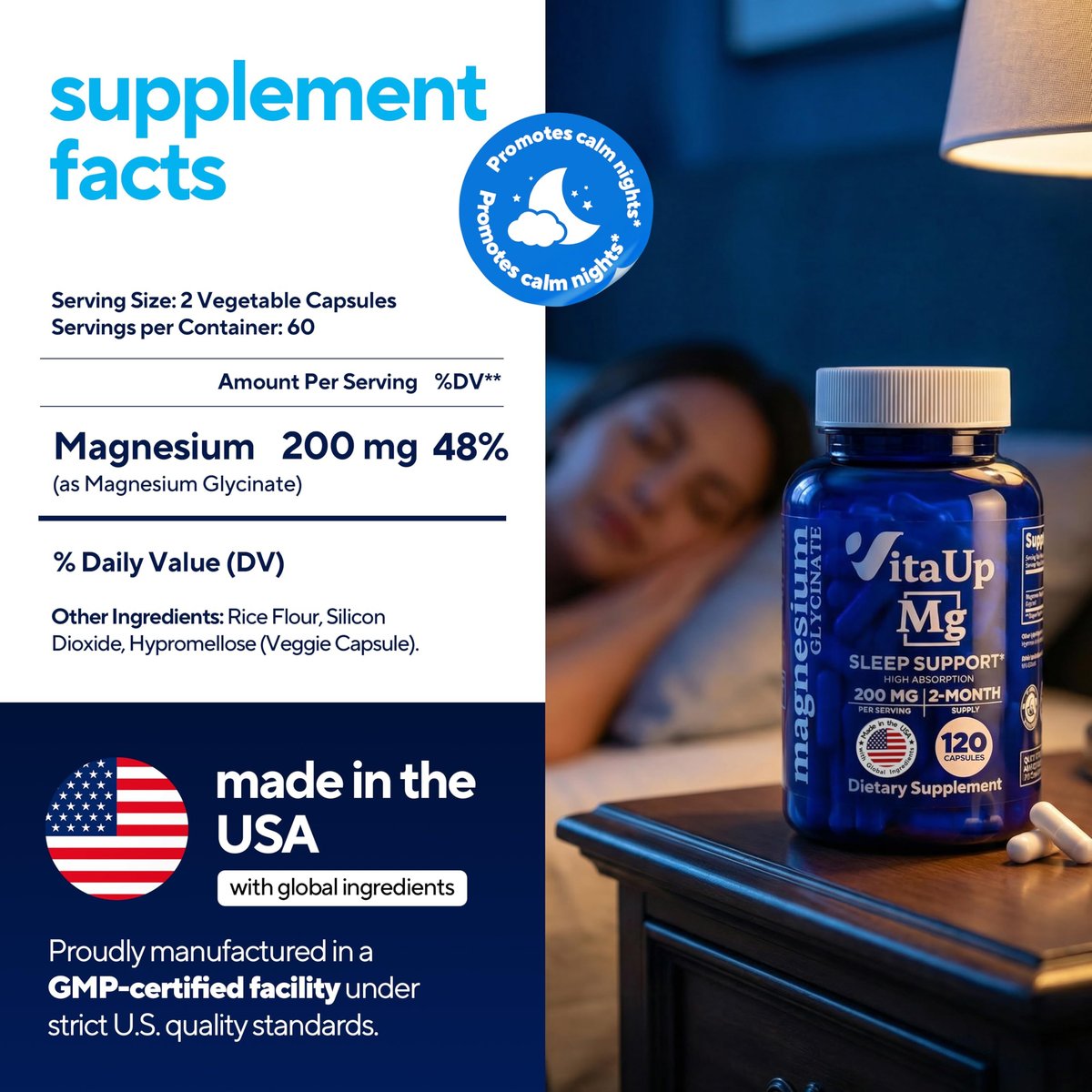 VitaUp Magnesiumglycinat 200mg – Hergestellt in den USA, hoch bioverfügbar, Nicht-GVO-Magnesium für Entspannung, Tiefschlaf, Knochen & Herz – 200mg pro Portion, 120 vegane Kapseln
