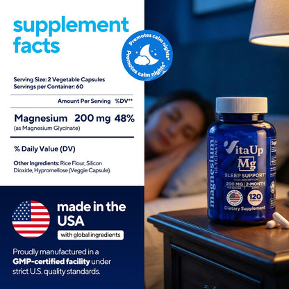 VitaUp Magnesiumglycinat 200mg – Hergestellt in den USA, hoch bioverfügbar, Nicht-GVO-Magnesium für Entspannung, Tiefschlaf, Knochen & Herz – 200mg pro Portion, 120 vegane Kapseln