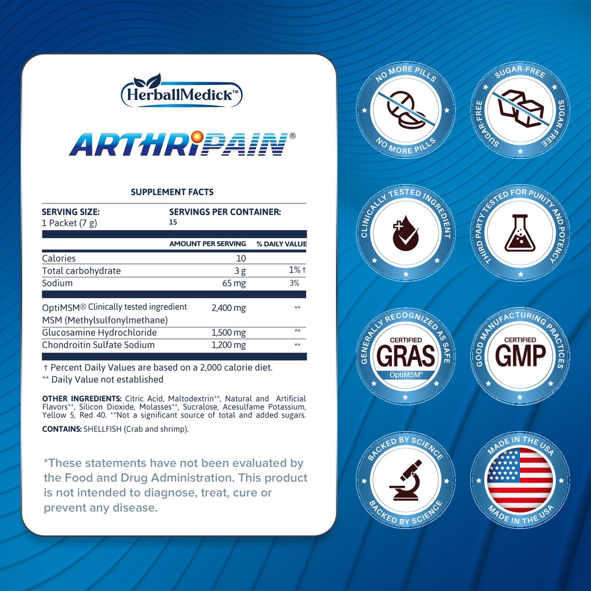 Arthripain – Gelenkunterstützung & Knorpelreparatur – Klinisch getestetes Gelenkgetränk – Glucosamin, Chondroitin, MSM – Zuckerfrei – Hergestellt in den USA – 15 Kapseln