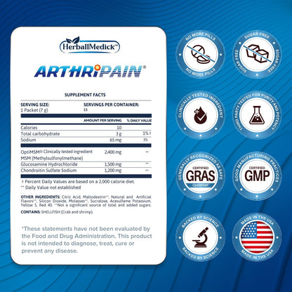 Arthripain – Gelenkunterstützung & Knorpelreparatur – Klinisch getestetes Gelenkgetränk – Glucosamin, Chondroitin, MSM – Zuckerfrei – Hergestellt in den USA – 15 Kapseln