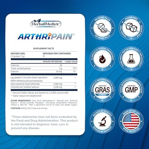 Arthripain – Gelenkunterstützung & Knorpelreparatur – Klinisch getestetes Gelenkgetränk – Glucosamin, Chondroitin, MSM – Zuckerfrei – Hergestellt in den USA – 15 Kapseln