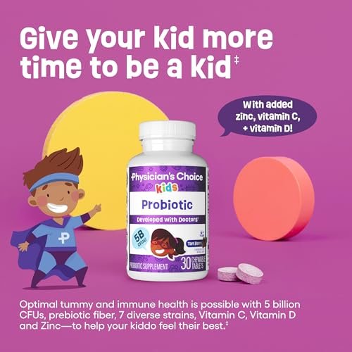 Physician's CHOICE Probiotika für Kinder - 7 verschiedene Stämme, organische Präbiotika, Vitamine & Mineralien - klinisch untersuchter L. Rhamnosus GG - Unterstützung für Immunsystem & Verdauung - Ohne Zucker oder künstliche Farbstoffe