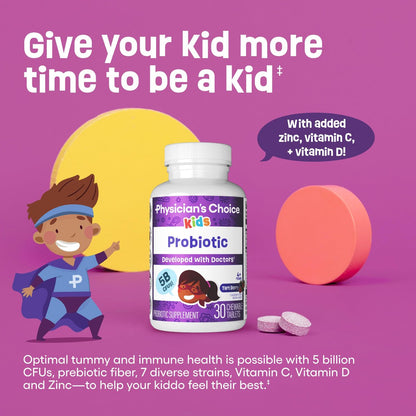 Physician's CHOICE Probiotika für Kinder - 7 verschiedene Stämme, organische Präbiotika, Vitamine & Mineralien - klinisch untersuchter L. Rhamnosus GG - Unterstützung für Immunsystem & Verdauung - Ohne Zucker oder künstliche Farbstoffe