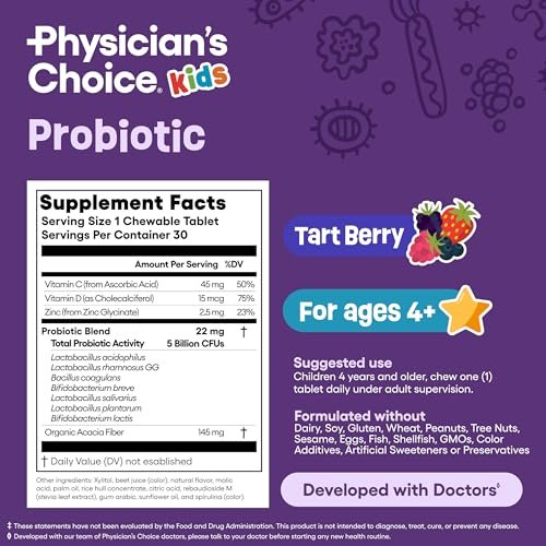 Physician's CHOICE Probiotika für Kinder - 7 verschiedene Stämme, organische Präbiotika, Vitamine & Mineralien - klinisch untersuchter L. Rhamnosus GG - Unterstützung für Immunsystem & Verdauung - Ohne Zucker oder künstliche Farbstoffe