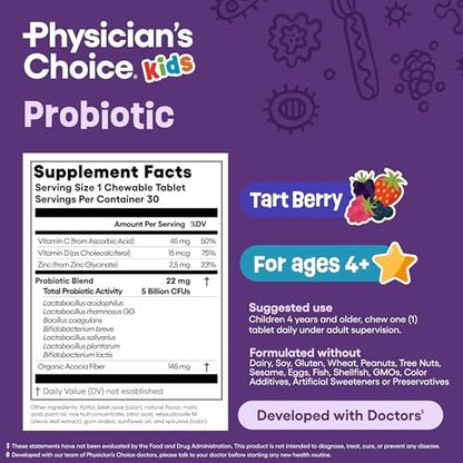 Physician's CHOICE Probiotika für Kinder - 7 verschiedene Stämme, organische Präbiotika, Vitamine & Mineralien - klinisch untersuchter L. Rhamnosus GG - Unterstützung für Immunsystem & Verdauung - Ohne Zucker oder künstliche Farbstoffe