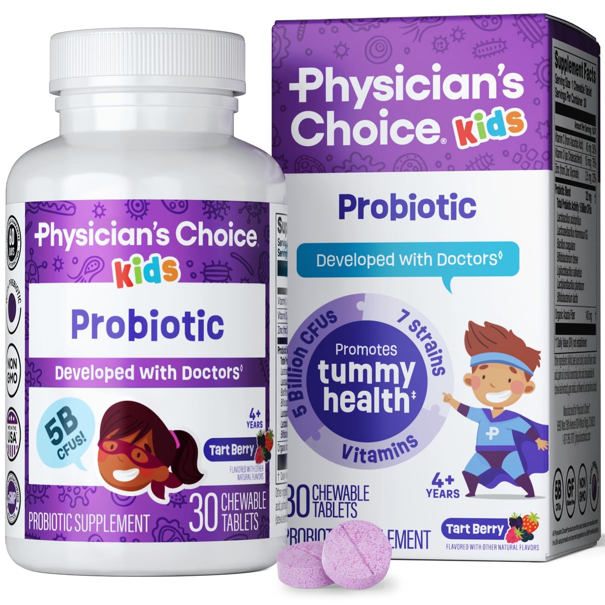 Physician's CHOICE Probiotika für Kinder - 7 verschiedene Stämme, organische Präbiotika, Vitamine & Mineralien - klinisch untersuchter L. Rhamnosus GG - Unterstützung für Immunsystem & Verdauung - Ohne Zucker oder künstliche Farbstoffe