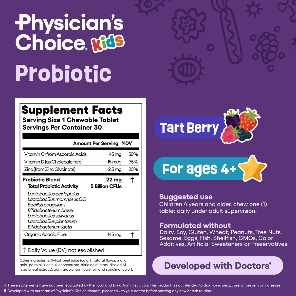 Physician's CHOICE Probiotika für Kinder - 7 verschiedene Stämme, organische Präbiotika, Vitamine & Mineralien - klinisch untersuchter L. Rhamnosus GG - Unterstützung für Immunsystem & Verdauung - Ohne Zucker oder künstliche Farbstoffe