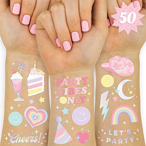 xo, Fetti Pastell-Regenbogen temporäre Tattoos – 50 schillernde Folienmotive | Preppy Geburtstagsparty-Zubehör, Smiley-Partygeschenke, Party-Vibes