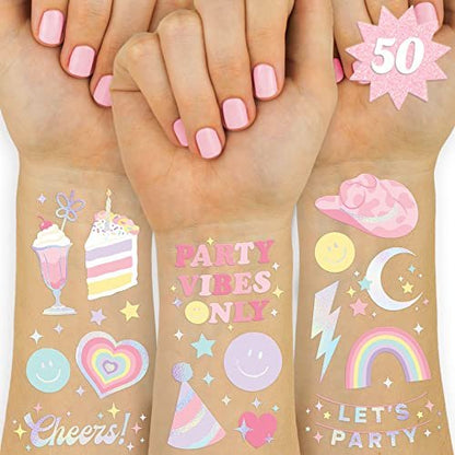 xo, Fetti Pastell-Regenbogen temporäre Tattoos – 50 schillernde Folienmotive | Preppy Geburtstagsparty-Zubehör, Smiley-Partygeschenke, Party-Vibes