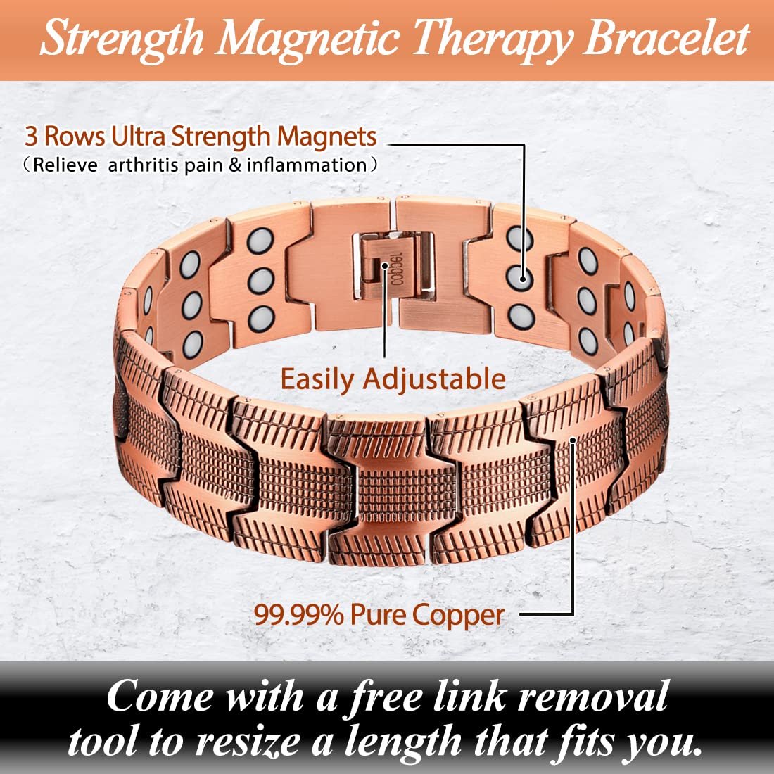 Cigmag 3X Kupferarmband für Herren – Triple Ultra-Stärke Magnete, reines Kupfer magnetisches Armband & Ring-Set mit verstellbarem Werkzeug