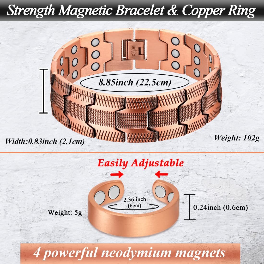 Cigmag 3X Kupferarmband für Herren – Triple Ultra-Stärke Magnete, reines Kupfer magnetisches Armband & Ring-Set mit verstellbarem Werkzeug